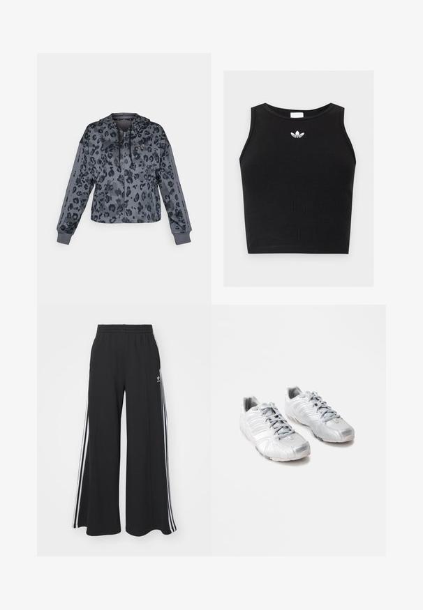 Lyhytnenä harmaa hupullinen paita, jossa on musta leopardikuosi. Varustettu kiristysnauhalla, vetoketjulla ja mustilla yksityiskohdilla hihoissa.; Musta ribbine hihaton crop top pyöreällä pääntiellä ja pieni valkoinen Adidas trefoil -logo kauluksen lähellä keskellä.; Mustat leveälahkeiset housut, joissa on joustava vyötärönauha, kolme valkoista raitaa sivuilla ja pieni logo edessä.; Hopeiset urheilukengät, joissa on sileä, kiiltävä pinta; kaareva muotoilu; harmaat nauhat; kumipohjat, joissa on pito-kuvioita; pyöristetyt varpaat.