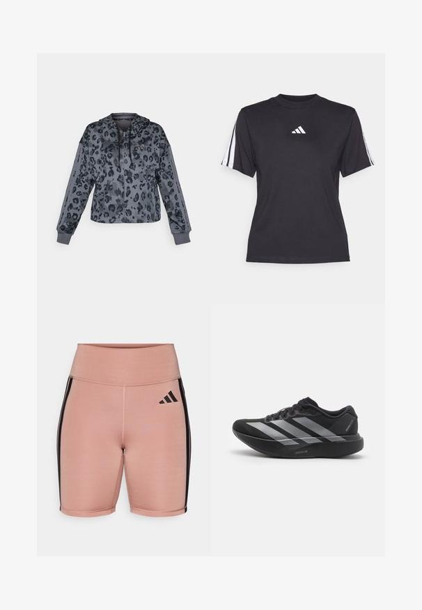 Sudadera gris recortada con estampado de leopardo negro, que cuenta con capucha ajustable, cierre de cremallera y detalles en negro en las mangas.; Camiseta atlética negra de tejido suave, con cuello redondo, mangas cortas y tres rayas blancas en cada hombro. Logo blanco en el pecho.; Pantalones cortos deportivos rosas con una cintura alta, hechos de material elástico. Presentan franjas laterales negras y el logo de Adidas en el lado izquierdo.; Zapatilla de running negra con rayas plateadas, suela gruesa y acolchada etiquetada como "Lightstrike Pro", vista lateral sobre fondo blanco.