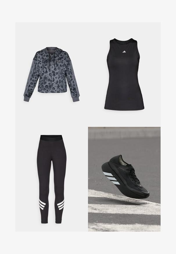 Sudadera gris recortada con estampado de leopardo negro, que cuenta con capucha ajustable, cierre de cremallera y detalles en negro en las mangas.; Top deportivo negro sin mangas hecho de una tela suave. Presenta un escote redondo y un pequeño logo blanco de Adidas en el pecho.; Leggings negros hechos de una tela elástica, con una cinturilla ancha y tres franjas blancas horizontales cerca de las pantorrillas.; Zapatilla de correr negra con rayas blancas en la suela, suspendida sobre el asfalto con señalizaciones viales blancas, levantando pequeños escombros.