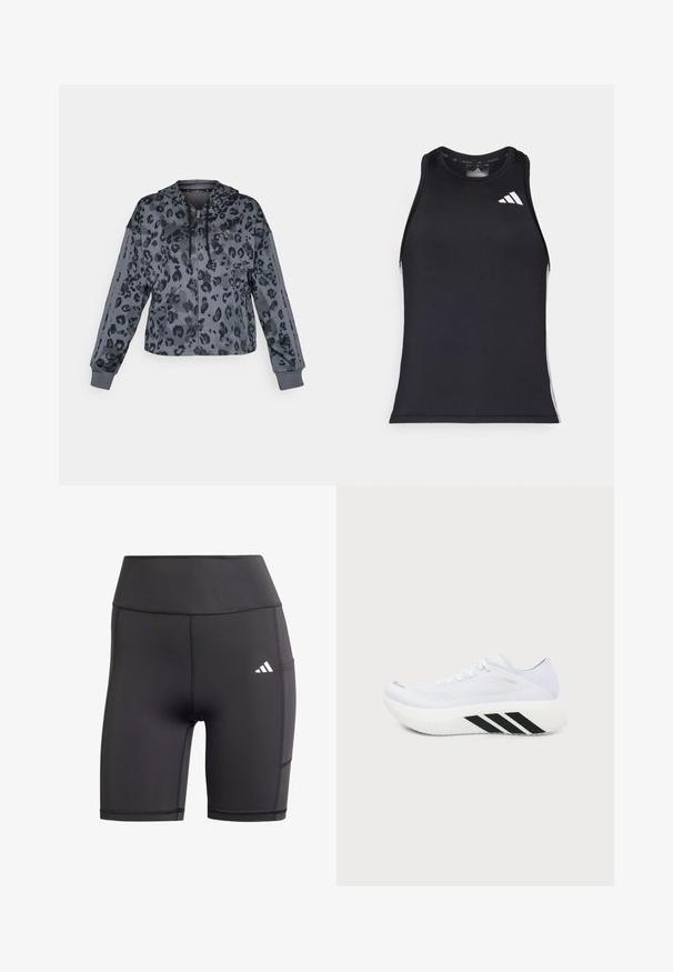 Sudadera gris recortada con estampado de leopardo negro, que cuenta con capucha ajustable, cierre de cremallera y detalles en negro en las mangas.; Top atlético negro de corte ajustado, fabricado en un material sintético suave, con el logo blanco de Adidas y detalles en los lados.; Pantalones cortos deportivos negros fabricados con material elástico, con una cintura alta, costuras planas y un logo blanco en la cadera izquierda.; Zapatilla deportiva blanca con suela gruesa, rayas diagonales negras en la entresuela, parte superior de malla y cordones, mostrada desde un lado sobre un fondo liso.