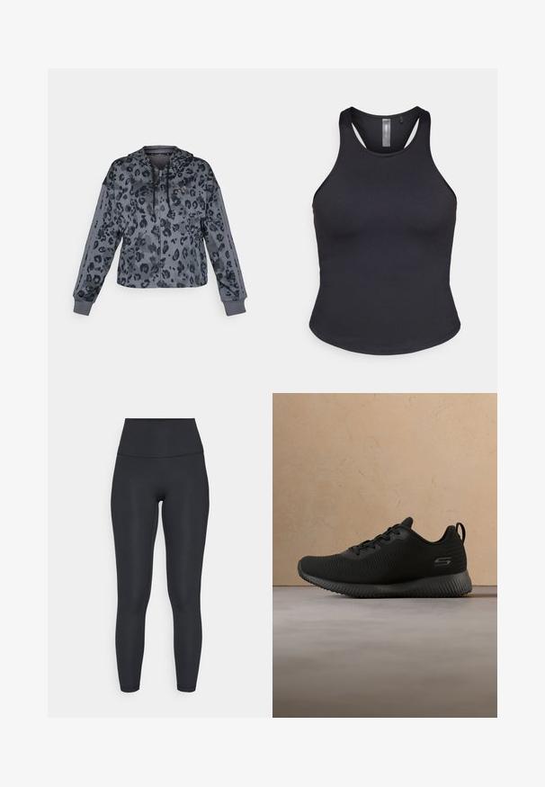 Afkortet grå hættetrøje med sort leopardprint, udstyret med justerbar hætte, lynlås lukning og sorte detaljer langs ærmerne.; ONLY Play ONPSANA SHORT - Top - black; adidas Performance ALL ME SCULPT - Tights - black; Sorte sportsko med tekstureret overdel, rund tå og snørebånd. Har en polstret sål og en løkke i hælen for nem påtagning.