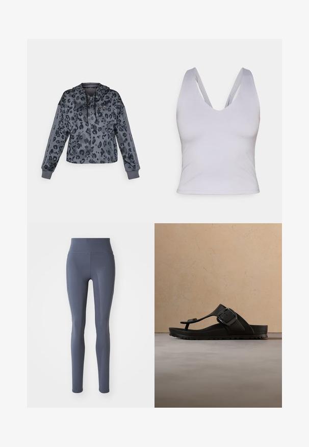 Lyhytnenä harmaa hupullinen paita, jossa on musta leopardikuosi. Varustettu kiristysnauhalla, vetoketjulla ja mustilla yksityiskohdilla hihoissa.; Vaaleanharmaa ilman hihoja oleva crop-top, jossa on syvä V-aukko. Se on valmistettu sileästä kankaasta, ja siinä on leveät olkaimet sekä myötäilevä muotoilu.; Korkeavyötäröiset, slim fit -legginsit tummanharmaasta materiaalista, jossa on sileä pinta. Sakarat ompeleet ilman näkyviä kuvioita tai varusteita.; Musta tangasandaali, jossa on suuri solki, leijuu punotun beigen maton yllä. Taustalla on puinen sohvapöytä ja pinottuja kirjoja.