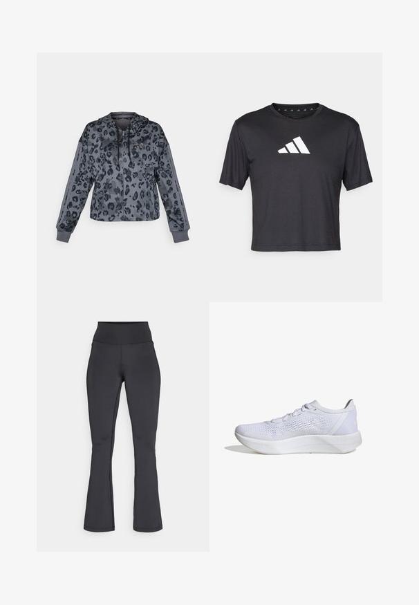 Afkortet grå hættetrøje med sort leopardprint, udstyret med justerbar hætte, lynlås lukning og sorte detaljer langs ærmerne.; Sort cropped t-shirt lavet af glat stof, prydet med et hvidt Adidas-logo på brystet, rund halsudskæring og korte ærmer.; Sorte højtaljede flare leggins med synlige syninger, lavet af strækbart, glat stof, vist fladt mod en hvid baggrund.; Hvide sportssko med en åndbar mesh-overdel, snørebåndsdesign, polstret krave og en struktureret gummisål for bedre greb.