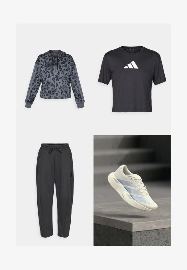 Geknipte grijze hoodie met zwart luipaardprint, voorzien van een opstaande kraag met trekkoord, ritssluiting en zwarte accenten langs de mouwen.; Zwarte cropped t-shirt van gladde stof, met een witte Adidas-logo op de borst, ronde halslijn en korte mouwen.; Zwarte sportbroeken met een elastische tailleband, trekkoord, zijzakken met rits en taps toelopende benen. Gemaakt van een zachte, gestructureerde stof.; Witte sportschoen met blauwe strepen, veters gestrikt, zwevend boven een betonnen richel tegen een vervaagde achtergrond van een trap.