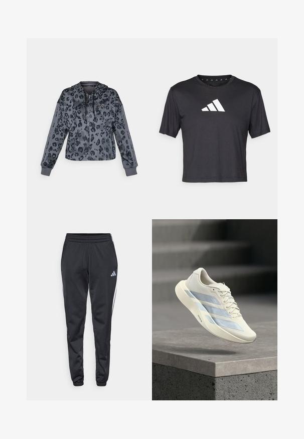 Afkortet grå hættetrøje med sort leopardprint, udstyret med justerbar hætte, lynlås lukning og sorte detaljer langs ærmerne.; Sort cropped t-shirt lavet af glat stof, prydet med et hvidt Adidas-logo på brystet, rund halsudskæring og korte ærmer.; Sorte træningsbukser med elastisk talje, smalle ben og hvide sidelister. Har et lille gråt trefoil-logo på venstre lår.; Hvid sportssko med blå striber, snørebånd bundet, svævende over en betonafdækning mod en sløret baggrund med trapper.