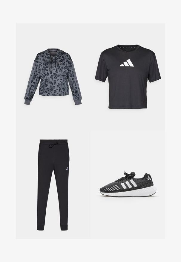 Afkortet grå hættetrøje med sort leopardprint, udstyret med justerbar hætte, lynlås lukning og sorte detaljer langs ærmerne.; Sort cropped t-shirt lavet af glat stof, prydet med et hvidt Adidas-logo på brystet, rund halsudskæring og korte ærmer.; Sorte atletiske bukser lavet af blødt stof, med elastisk talje, tætsiddende ben og et lille hvidt Adidas-logo på venstre lår.; Sorte sportssko med en struktureret overdel, hvidt tre-stribe-design, gummiydersål og kontrasterende hvide detaljer på hælen.