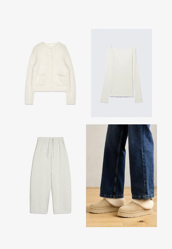 Cardigan tricoté couleur crème avec un col rond, une fermeture à six boutons, deux poches avant et des poignets côtelés. Texture douce.; Haut blanc à manches longues ajustées avec un profond décolleté en V et des manches légèrement évasées, présenté sur un fond gris clair uni.; Pantalon de jogging gris clair coupe ample avec taille élastique, cordon, poches latérales et poignets élastiques.; Bottines en daim beige avec un col en fourrure moelleux de couleur crème. Semelle plate avec une surface texturée, associées à un jean large bleu foncé.