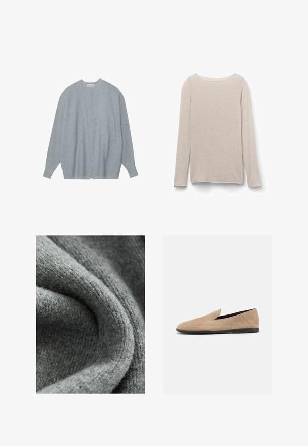Lichtgrijze cardigan van zacht materiaal, met een open voorkant, lange mouwen en een relaxte pasvorm met subtiele ribbelstructuur.; Lichtroze T-shirt met lange mouwen en een ontspannen ronde hals, gemaakt van zachte stof met een subtiele heatherstructuur.; Grijze stof met een zachte, gestructureerde oppervlakte, met een mengsel van fijne vezels en een subtiel ribbelpatroon, gevouwen en gekreukt.; Beige suède instapper loafer met zwarte zool, lage hak en afgeronde neus, zijaanzicht op witte achtergrond.