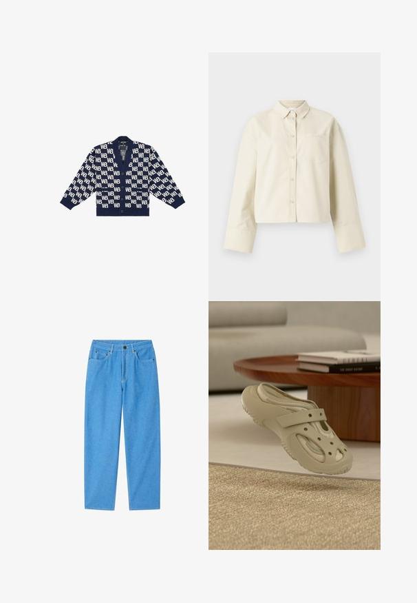 Marineblauer Cardigan mit einem wiederholenden weißen "WB"-Muster, gerippten Bündchen, einem V-Ausschnitt und fünf Knöpfen auf der Vorderseite. Weicher Stoff.; Gekürztes, hellbeiges Hemd aus Baumwolle mit einem spitzen Kragen, vorderem Knopfverschluss und einer einzelnen Brusttasche mit einem dezenten Logo.; Hellblaue Jeans mit geradem Bein, Fronttaschen, Gürtelschlaufen, Knopfverschluss und sichtbaren Nähten auf weißem Hintergrund.; Beiger Clog zum Reinschlüpfen mit Belüftungsöffnungen und Stofffutter, auf einem beigen Teppich neben einem Holztisch mit Büchern platziert.