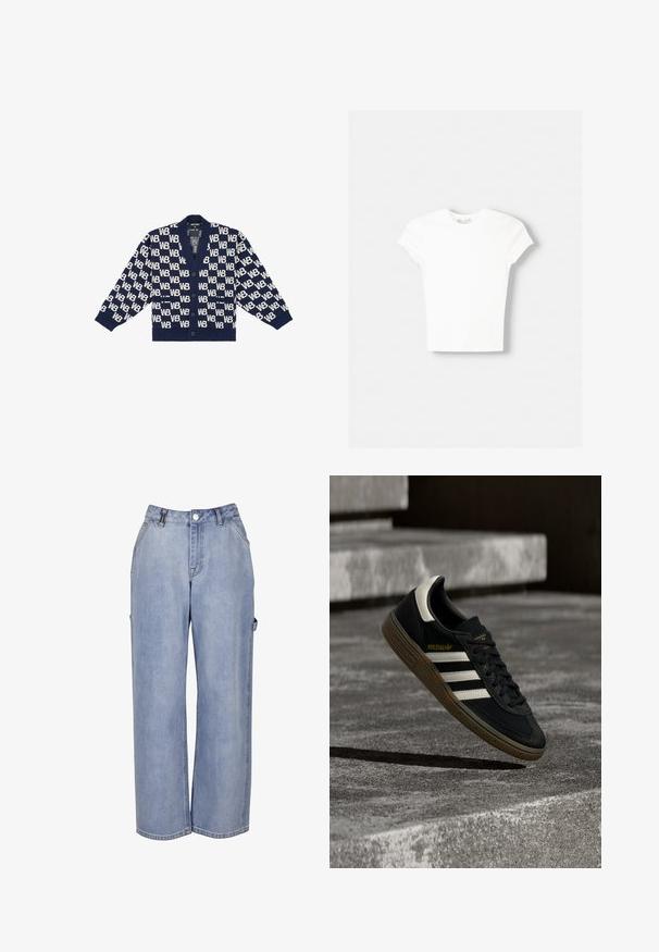 Marineblå cardigan med et gentaget hvidt "WB" mønster, ribbede manchetter, v-hals og fem knapper ned foran. Blød tekstur.; Hvid kortærmet t-shirt lavet af blød bomuld, med rund halsudskæring og en tætsiddende form. Ingen synlige mønstre eller udsmykninger.; Lyseblå denimjeans med afslappet, bred benpasform, sidelommer, bæltestropper og knaplukning, vist mod en ensfarvet hvid baggrund.; Sort Adidas-sneaker med hvide striber og gummisåler, svævende over grå betontrapper i naturligt lys.