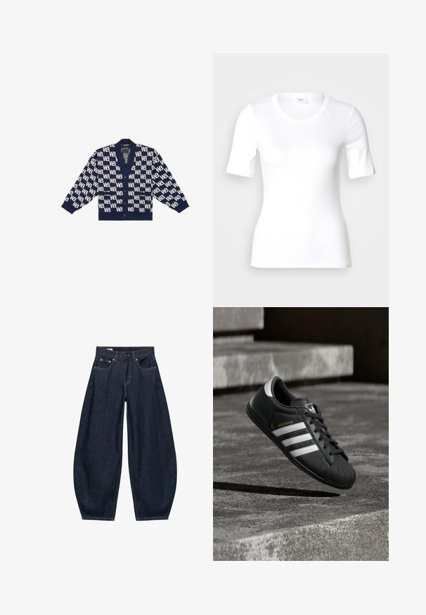 Cardigan bleu marine avec un motif répété "WB" en blanc, des poignets côtelés, un col en V et cinq boutons sur le devant. Texture douce.; T-shirt blanc à manches courtes en coton lisse, doté d'un col rond et d'une coupe ajustée. Design classique, sans motifs ni accents.; Jean en denim bleu foncé à jambes larges avec poches avant, passants de ceinture et fermeture par bouton à la taille.; Baskets Adidas Superstar noires avec des bandes blanches et le texte doré "SUPERSTAR" flottant au-dessus d'une surface en béton près des escaliers.