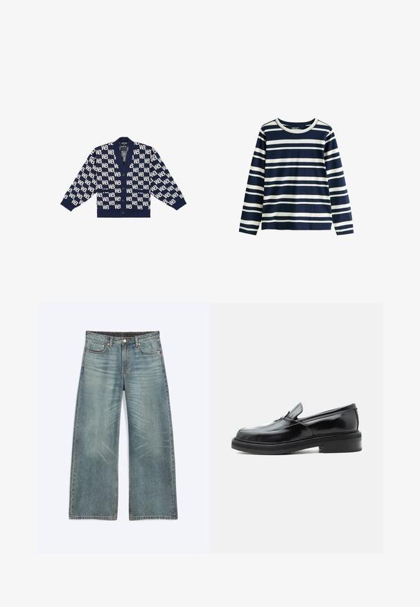 Marineblauer Cardigan mit einem wiederholenden weißen "WB"-Muster, gerippten Bündchen, einem V-Ausschnitt und fünf Knöpfen auf der Vorderseite. Weicher Stoff.; Marineblaues Langarmshirt mit weißen horizontalen Streifen, Rundhalsausschnitt und lockerem Sitz, aus weichem Baumwollstoff gefertigt. Verfügt über keine sichtbaren Verschlüsse.; Blaue Jeans mit weitem Bein, Vordertaschen, Gürtelschlaufen, Knopfverschluss und dezenten Verwaschungseffekten an Oberschenkeln und Knien.; Schwarzer Leder-Slipper mit niedrigem Absatz und abgerundeter quadratischer Spitze, seitlich auf weißem Hintergrund dargestellt.