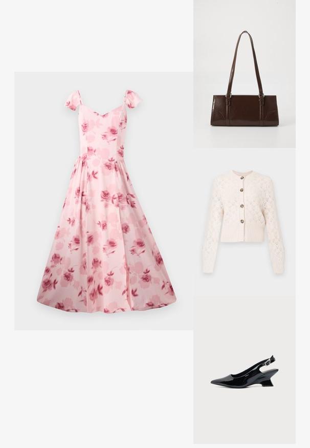 Creme strikket cardigan med lange ærmer, knaplukning foran, ribbet kant og et delikat hulmønster i diamantform.; Rosa blomsterkjole med korte puffærmer, en tætsiddende liv og en flagrende nederdel. Har et subtilt rosemønster og en glat stofstruktur.; Sort laklæder slingback sko med spids tå og lav vinklet blokhæl på ensartet lys baggrund.; Brun lakeret håndtaske med rektangulær form, to lange håndtag og subtile buede detaljer på fronten.