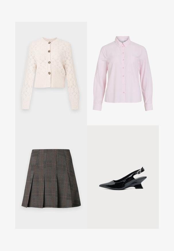 Creme strikket cardigan med lange ærmer, knaplukning foran, ribbet kant og et delikat hulmønster i diamantform.; Lyserød langærmet skjorte med lodrette hvide striber, knaplukning foran, krave og en venstre brystlomme. Glat bomuldsstof.; Gråternet nederdel med plisseringer, prydet med intrikate mønstre i sort og hvid, akkompagneret af tynde røde linjer. Fremstillet af et struktureret stof.; Sort laklæder slingback sko med spids tå og lav vinklet blokhæl på ensartet lys baggrund.