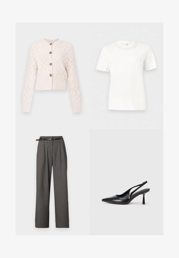 Creme strikket cardigan med lange ærmer, knaplukning foran, ribbet kant og et delikat hulmønster i diamantform.; Hvid kortærmet top med rund halsudskæring og en kant med teksturerede perledetaljer.; Grå bukser med høj talje, plissering og sidelommer, stylet med et tyndt sort bælte med en rund guldlås.; Sort læderslagback højhælet sko med spids tå og slank hæl på en hvid baggrund.