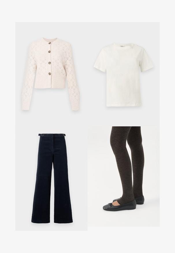 Creme strikket cardigan med lange ærmer, knaplukning foran, ribbet kant og et delikat hulmønster i diamantform.; Almindelig hvid bomulds T-shirt med korte ærmer og rund halsudskæring, vist på en neutral lys grå baggrund.; Mørk marineblå brede corduroybukser med justerbare sidebånd med spænder ved taljen mod en ensfarvet baggrund.; Ben iført mørke ribbede leggings kombineret med sorte balletsko med små sløjfedetaljer på hvid baggrund.