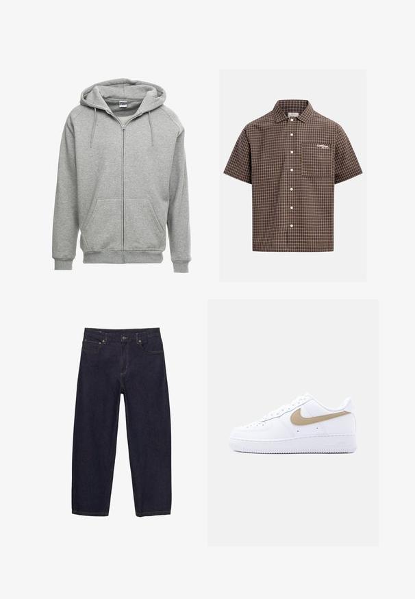 Grå zip-up hættetrøje med en rummelig hætte, kengurulommer og ribbede manchetter. Stoffet ser blødt og tekstureret ud, velegnet til afslappet brug.; Brun ternet kortærmet skjorte med knapper og en forlommer med hvidt broderet tekst "Camber Since 2013" på brystet.; Mørkeblå denimjeans med lige snit, der har fem lommer, kobberfarvet syning og knaplukning i taljen.; Hvid lavtop Nike Air Force 1 sneakers med beige swoosh-logo, perforeret tåboks og hvid gummisål på ensfarvet lys grå baggrund.