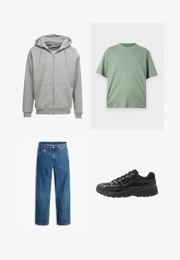 Grå zip-up hættetrøje med en rummelig hætte, kengurulommer og ribbede manchetter. Stoffet ser blødt og tekstureret ud, velegnet til afslappet brug.; Lys grøn kortærmet t-shirt med rund udskæring, lavet af blødt stof. Designet har en afslappet pasform og ingen synlige mønstre.; Blå denim jeans med lige ben, forlommer, bæltestropper, metal knap og lynlås foran på hvid baggrund.; Sort atletisk sko med en overdel af mesh og syntetisk materiale, tekstureret overflade, snørrebånd og en mønstret gummisål for godt greb.