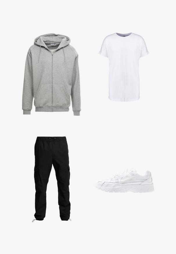 Grå zip-up hættetrøje med en rummelig hætte, kengurulommer og ribbede manchetter. Stoffet ser blødt og tekstureret ud, velegnet til afslappet brug.; Hvid bomulds t-shirt med korte ærmer, rund halsudskæring og en afslappet pasform. Glat tekstur og ingen synlige mønstre eller designs.; Sorte cargobukser lavet af slidstærkt stof, med elastisk talje, justerbare snore og sidelommer med klaplukninger.; Nike Sportswear P 6000 - Sneakers - white/platinum tint