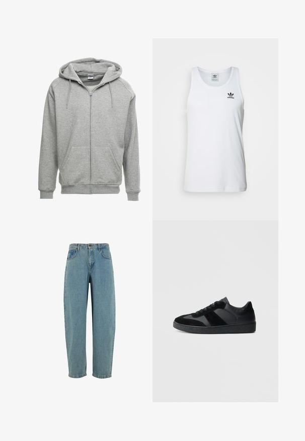 Grå zip-up hættetrøje med en rummelig hætte, kengurulommer og ribbede manchetter. Stoffet ser blødt og tekstureret ud, velegnet til afslappet brug.; Hvid ribbet tanktop med rund halsudskæring, sort Adidas-logo på venstre bryst og uden ærmer. Blødt bommateriale, afslappet pasform.; Lyseblå denimjeans med løs pasform, fem lommer og lige ben. Har en klassisk lynlås og knaplukning.; Sorte sneakers med en kombination af glat læder og ruskind, med en tekstureret sort gummisål og subtil stripingdetalje.