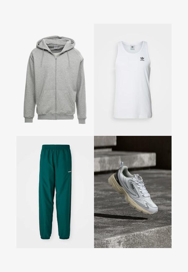 Grijze zip-up hoodie met een ruime capuchon, kangoeroe-zakken en geribbelde manchetten. De stof lijkt zacht en gestructureerd, geschikt voor casual wear.; Witte geribde tanktop met ronde hals, zwarte Adidas-logo op de linkerborst en zonder mouwen. Zachte katoenen stof, casual pasvorm.; Groene sportbroek van lichtgewicht stof, met een elastische tailleband, zijzakken en zwarte zijstrepen. Adidas-logo zichtbaar.; Witte en beige FILA sneaker zwevend boven betonnen trappen, met zicht op zij- en bovenzijde, inclusief veters en merkdetails.