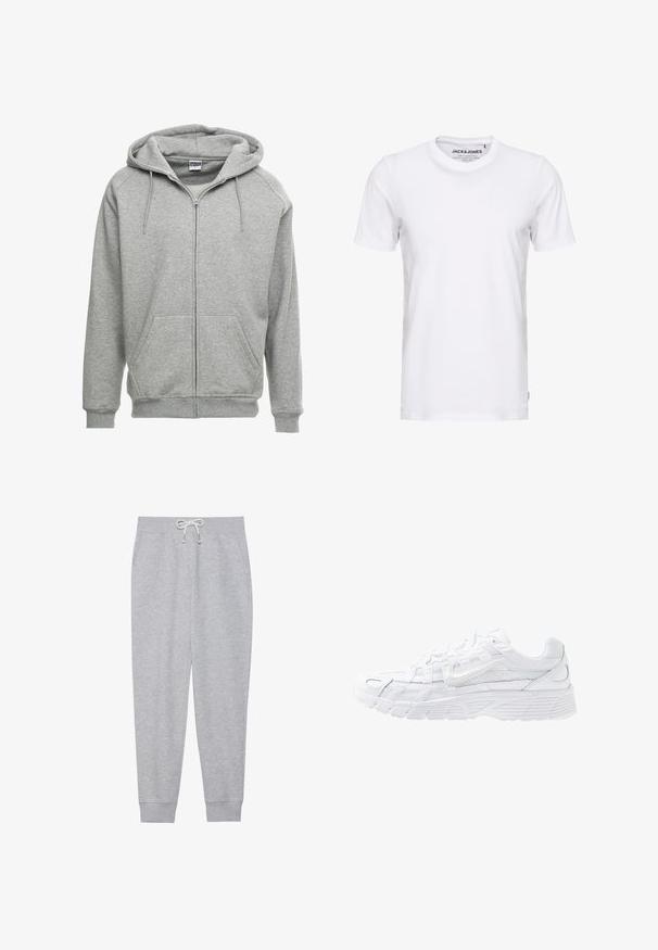Grijze zip-up hoodie met een ruime capuchon, kangoeroe-zakken en geribbelde manchetten. De stof lijkt zacht en gestructureerd, geschikt voor casual wear.; Witte korte mouwen t-shirt van katoen, met een ronde hals en een eenvoudig ontwerp. Merktag zichtbaar op het nekgebied. Geen patronen of accenten.; Grijze sweatpants van zacht materiaal, met een elastische tailleband met een trekkoord, zijzakken en geribbelde manchetten bij de enkels.; Nike Sportswear P-6000 - Sneakers laag - white/platinum tint