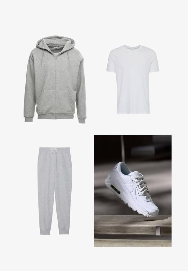 Sweat à capuche zippé gris avec une capuche spacieuse, des poches kangourou et des poignets côtelés. Le tissu semble doux et texturé, adapté pour un usage décontracté.; T-shirt blanc uni à manches courtes et col rond, présenté sur fond blanc, avec une petite étiquette au col indiquant la marque « Solid ».; Un pantalon de survêtement gris en tissu doux, avec une taille élastique dotée d'un cordon de serrage, des poches latérales et des poignets côtelés aux chevilles.; Baskets blanches en cuir avec des surfaces texturées, un col rembourré et un amorti d'air visible dans la semelle. Elles possèdent des lacets et un design minimaliste.