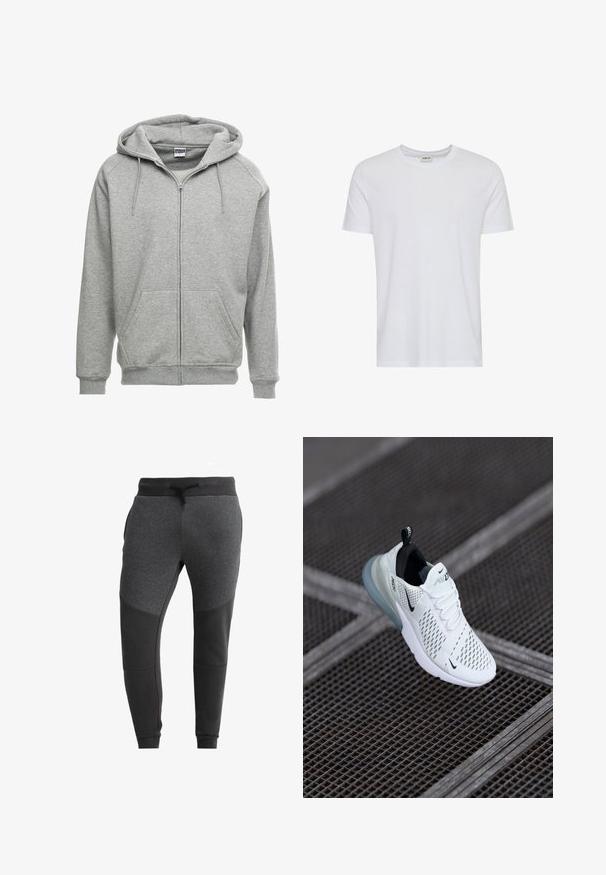 Grijze zip-up hoodie met een ruime capuchon, kangoeroe-zakken en geribbelde manchetten. De stof lijkt zacht en gestructureerd, geschikt voor casual wear.; Effen wit T-shirt met korte mouwen en een ronde hals, getoond op een witte achtergrond, met een klein neklabel waarop het merk “Solid” staat.; Grijze joggings met zwarte accenten, taps toelopende pasvorm, elastische tailleband met trekkoord, zijzakken en textuurpanelen.; Witte sportieve sneaker met geperforeerde mesh bovenkant, zwarte accenten, zichtbare veters en een doorzichtige luchtkussenzool.