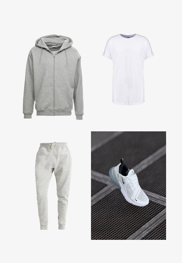 Grijze zip-up hoodie met een ruime capuchon, kangoeroe-zakken en geribbelde manchetten. De stof lijkt zacht en gestructureerd, geschikt voor casual wear.; Effen witte T-shirt met korte mouwen, opgerolde manchetten en een ronde hals, afgebeeld op een witte achtergrond.; Lichtgrijze sweatpants gemaakt van een zachte, gestructureerde stof. Voorzien van een elastische tailleband met trekkoord en geribbelde manchetten. Twee zijzakken.; Witte sportieve sneaker met geperforeerde mesh bovenkant, zwarte accenten, zichtbare veters en een doorzichtige luchtkussenzool.