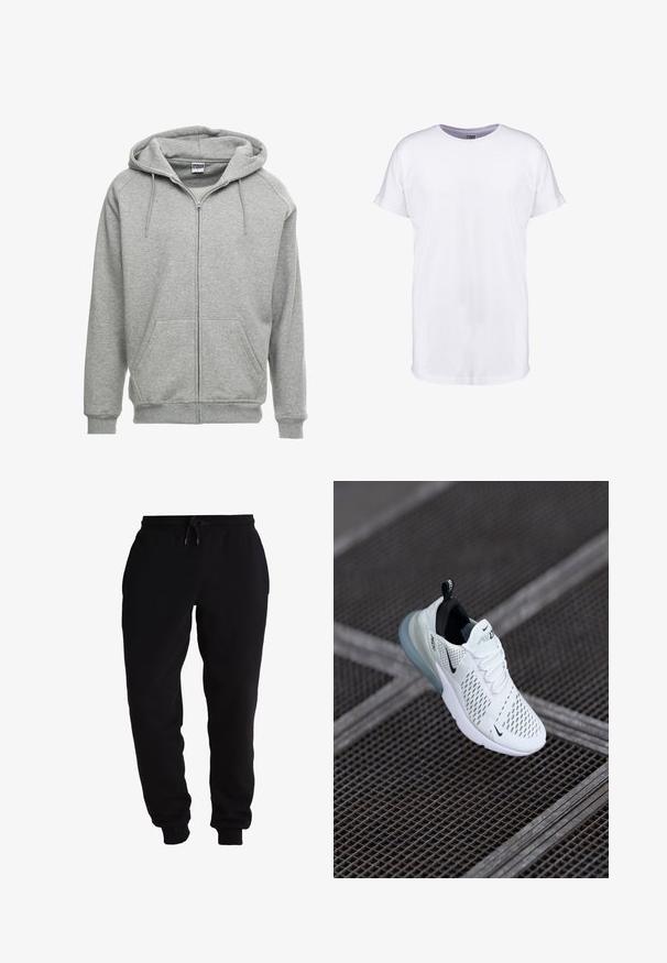 Grå zip-up hættetrøje med en rummelig hætte, kengurulommer og ribbede manchetter. Stoffet ser blødt og tekstureret ud, velegnet til afslappet brug.; Neutral hvid kortærmet t-shirt med op rullede ærmekanter og rund halsudskæring, vist på en hvid baggrund.; Svarte sweatpants lavet af blødt stof, med en elastisk talje med snor, tapered benåbninger og sidelommer.; Hvide atletiske sneakers med perforeret mesh-overdel, sorte accenter, synlige snørebånd og en gennemsigtig luftdæmpningssål.