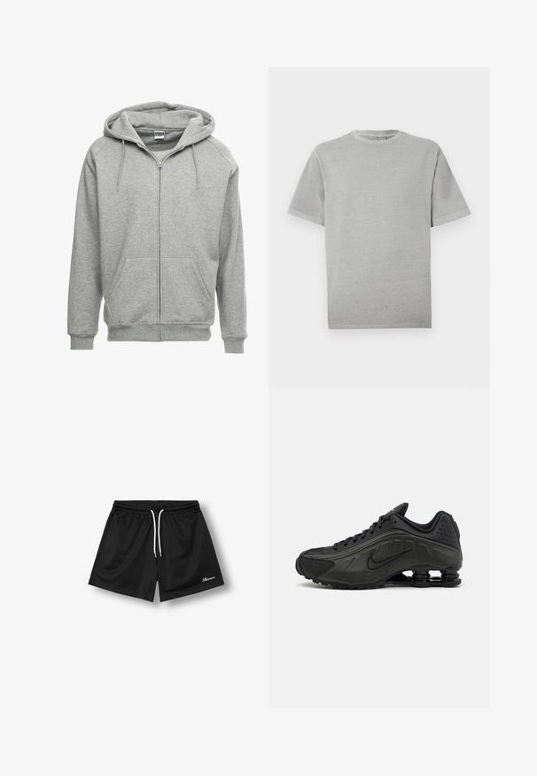 Grijze zip-up hoodie met een ruime capuchon, kangoeroe-zakken en geribbelde manchetten. De stof lijkt zacht en gestructureerd, geschikt voor casual wear.; Effen lichtgrijs T-shirt met korte mouwen en ronde hals, rechte zoom, weergegeven tegen een witte achtergrond.; Zwarte sportshorts met een witte trekkoord en klein wit cursief “Buuoco” logo op het onderste rechterbeen.; Zwarte hardloopschoenen met een glad bovenwerk van synthetisch materiaal, geperforeerde accenten, gestructureerde zijpanelen en een opvallende veerkrachtige zool.