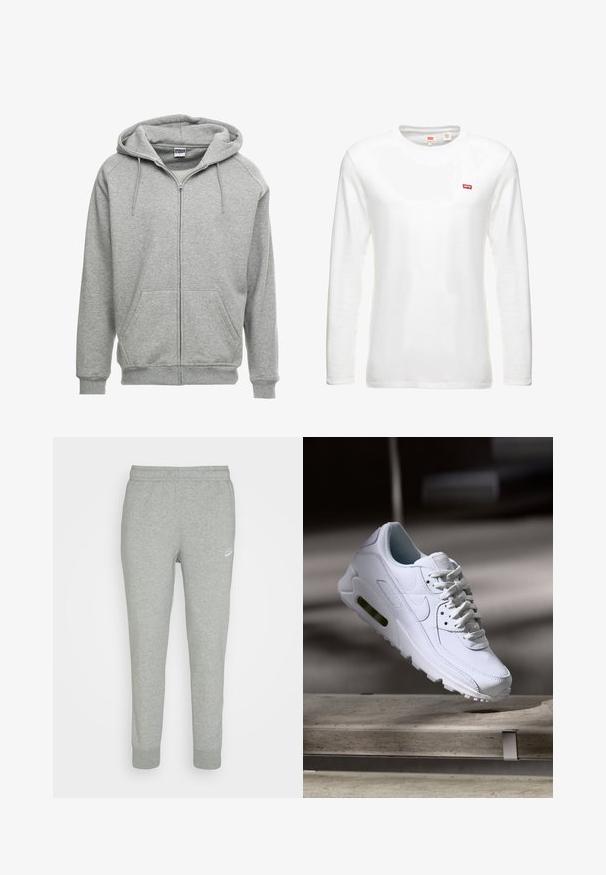 Grijze zip-up hoodie met een ruime capuchon, kangoeroe-zakken en geribbelde manchetten. De stof lijkt zacht en gestructureerd, geschikt voor casual wear.; Witte lange mouwen t-shirt van katoen, met een ronde halslijn en een klein rood Levi's logo op de borst. Eenvoudig, klassiek ontwerp.; Grijze trainingsbroek van zacht materiaal, met een taps toelopend ontwerp, elastische tailleband en klein wit Nike-logo op de linker bovenbeen.; Witte leren sneaker met gestructureerde oppervlakken, gevoerde kraag en zichtbare luchtbescherming in de zool. Heeft veters en een minimalistisch ontwerp.