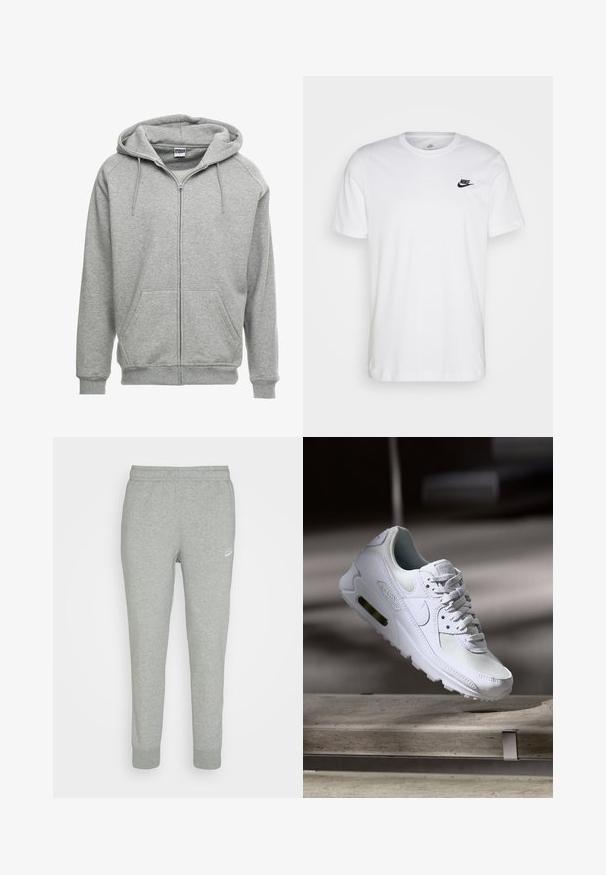 Grijze zip-up hoodie met een ruime capuchon, kangoeroe-zakken en geribbelde manchetten. De stof lijkt zacht en gestructureerd, geschikt voor casual wear.; Witte katoenen t-shirt met ronde hals, korte mouwen en een zwart Nike-logo op de linkerkant van de borst. Eenvoudig, effen kleur ontwerp.; Grijze trainingsbroek van zacht materiaal, met een taps toelopend ontwerp, elastische tailleband en klein wit Nike-logo op de linker bovenbeen.; Witte Nike Air Max 90 sneaker met een bovenwerk van mesh en leer, een geperforeerde teenbox en een zichtbare luchtunit in de hiel.