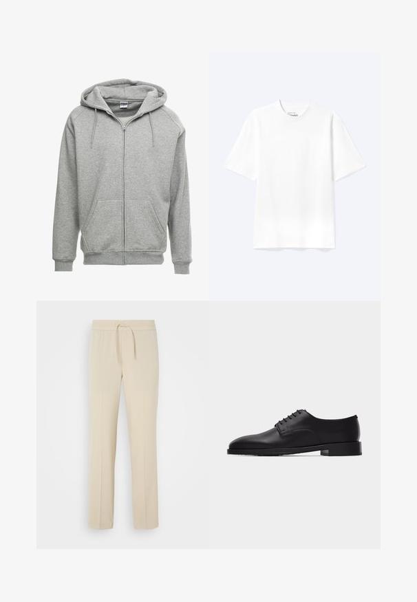 Grijze zip-up hoodie met een ruime capuchon, kangoeroe-zakken en geribbelde manchetten. De stof lijkt zacht en gestructureerd, geschikt voor casual wear.; Effen witte T-shirt met korte mouwen en ronde hals, met een losse pasvorm, weergegeven op een lichte achtergrond.; Beige, elastische broek met een trekkoord in de taille. Heeft rechte pijpen en een zachte textuur, geschikt voor casual wear of loungen.; Zwarte leren Oxford herenschoen met gesloten veters en lage gestapelde hak, zijaanzicht op een witte achtergrond.