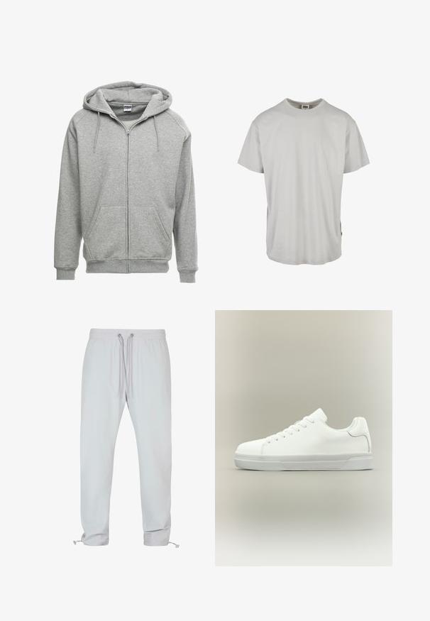 Grijze zip-up hoodie met een ruime capuchon, kangoeroe-zakken en geribbelde manchetten. De stof lijkt zacht en gestructureerd, geschikt voor casual wear.; Lichtgrijze korte mouwen t-shirt gemaakt van katoen, met een standaard ronde hals, een relaxte pasvorm en zijsplitten aan de onderrand.; Lichtgrijze elastische broeken met tailleband en trekkoordsluiting, taps toelopende pijpen en verstelbare manchetten. Gladde textuur, eenvoudig ontwerp, geen patronen.; Witte lage sneaker met veters aan de voorkant, gevoerde kraag en gerubberde zool met textuur, zijaanzicht op een neutrale achtergrond.