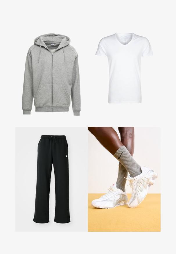 Grå zip-up hættetrøje med en rummelig hætte, kengurulommer og ribbede manchetter. Stoffet ser blødt og tekstureret ud, velegnet til afslappet brug.; Hvid V-hals t-shirt lavet af blødt bomuld. Kortærmet, afslappet pasform og minimal syning. Ingen mønstre eller grafik.; Sorte joggingbukser lavet af blødt stof, med elastisk talje og justerbar snøring samt et lille logoakcent på siden.; Nike sneakers i hvid med sølv accenter, der har teksturerede paneler og perforeringer. Sammen med grå ribbede sokker, sat mod en gul baggrund.