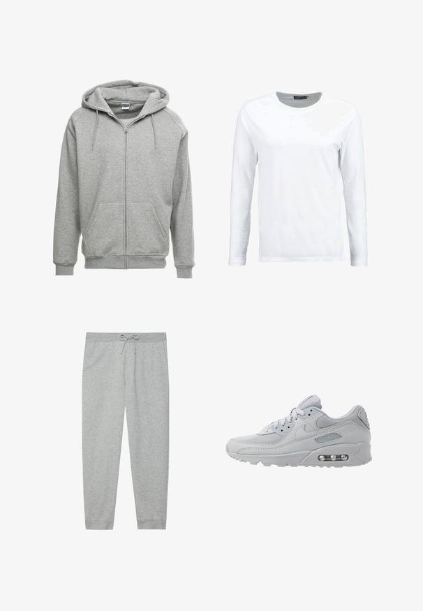 Sweat à capuche zippé gris avec une capuche spacieuse, des poches kangourou et des poignets côtelés. Le tissu semble doux et texturé, adapté pour un usage décontracté.; T-shirt blanc à manches longues en coton, avec un col rond et une texture lisse. Sans motifs ni accents. Design simple.; Pantalon de survêtement gris en mélange de coton doux, avec une taille élastique et un cordon de serrage, des poches latérales et des poignets fuselés.; Baskets Nike Air Max 90 gris clair fabriquées en mesh et cuir, avec des lacets ronds, un col rembourré et un amorti air visible dans la semelle.