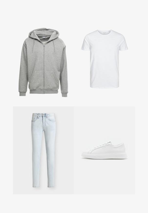 Grå zip-up hættetrøje med en rummelig hætte, kengurulommer og ribbede manchetter. Stoffet ser blødt og tekstureret ud, velegnet til afslappet brug.; Rundhals kortærmet t-shirt i ensfarvet hvid, lavet af blød bomuld, har et simpelt design uden synlige mønstre eller detaljer.; Lysvaskede slim-fit cowboybukser med frontknap og lynlås, bæltestropper og fem-lomme design mod en ensfarvet baggrund.; Hvide sneakers lavet af glat syntetisk materiale. Har et lavt design, forhøjet hvid sål, rund tå og snørebånd foran med fem snøre-huller.
