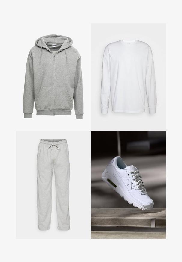 Sweat à capuche zippé gris avec une capuche spacieuse, des poches kangourou et des poignets côtelés. Le tissu semble doux et texturé, adapté pour un usage décontracté.; T-shirt blanc à manches longues en coton. Design à col rond avec des poignets côtelés et un petit logo sur la manche gauche. Texture lisse.; Pantalon de survêtement gris clair en tissu doux. Dispose d'une taille élastique avec cordon de serrage et logo Nike en noir sur la cuisse gauche.; Baskets blanches en cuir avec des surfaces texturées, un col rembourré et un amorti d'air visible dans la semelle. Elles possèdent des lacets et un design minimaliste.