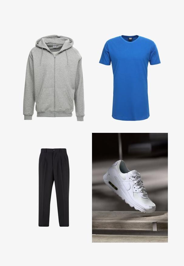 Grå zip-up hættetrøje med en rummelig hætte, kengurulommer og ribbede manchetter. Stoffet ser blødt og tekstureret ud, velegnet til afslappet brug.; Blå bomulds T-shirt med rund halsudskæring og korte ærmer; glat tekstur, let strækbar, med en lige kant. Ingen mønstre eller detaljer.; Sorte skræddersyede bukser med forreste læg, bæltestropper og knaplukning i taljen.; Hvide Nike Air Max 90 sneakers med en overdel i mesh og læder, perforeret tåboks og en synlig luftenhed i hælen.