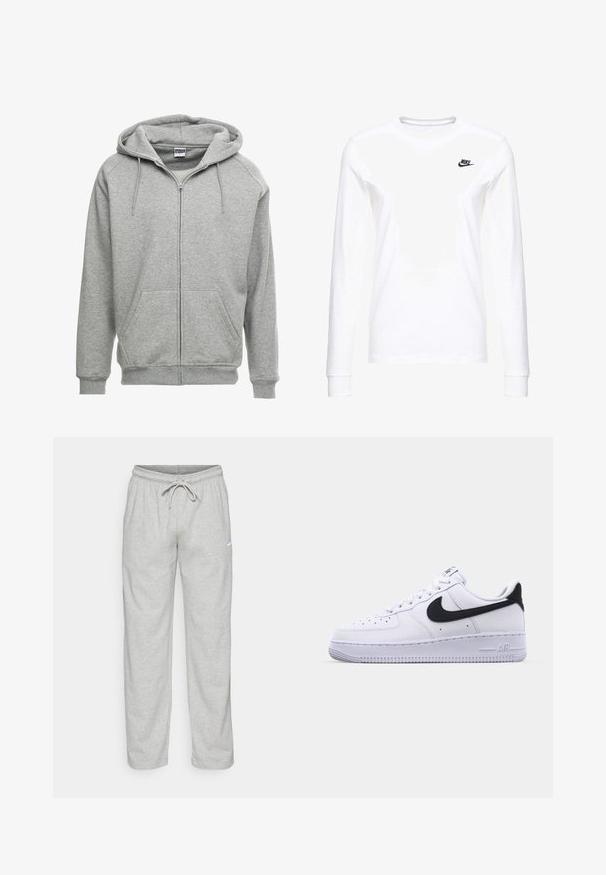Grijze zip-up hoodie met een ruime capuchon, kangoeroe-zakken en geribbelde manchetten. De stof lijkt zacht en gestructureerd, geschikt voor casual wear.; Witte lange mouwen T-shirt van katoen, met een klein zwart Nike-logo op de linkerkant van de borst en een ronde halslijn. Gladde textuur.; Lichtgrijze sweatpants van zachte stof. Heeft een elastische tailleband met trekkoord en een zwart Nike-logo op de linker bovenbeen.; Witte leren sneaker met een gestructureerde zwarte Swoosh, platte veters en een rubberen zool met een geribbeld patroon. "AIR" is in de hak geperst.
