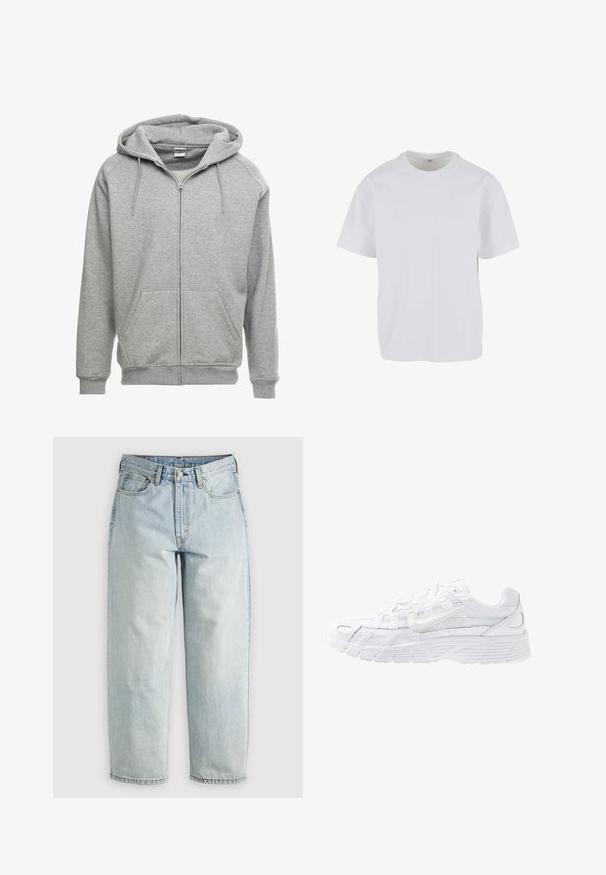 Grijze zip-up hoodie met een ruime capuchon, kangoeroe-zakken en geribbelde manchetten. De stof lijkt zacht en gestructureerd, geschikt voor casual wear.; Witte T-shirt met korte mouwen van zacht katoen, met een ronde halslijn en een ontspannen pasvorm met rechte zoom. Geen patronen of accenten zichtbaar.; Lichtblauwe denim jeans met een rechtBeen, vijf zakken en een knoopsluiting; heeft vervaagde gebieden en subtiele stikdetails.; Nike Sportswear P 6000 - Sneakers laag - white/platinum tint