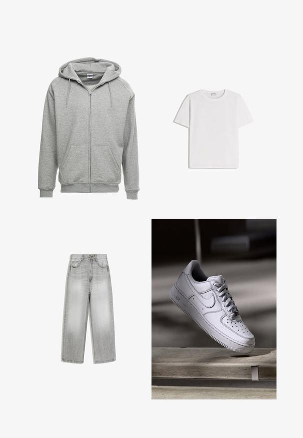 Grå zip-up hættetrøje med en rummelig hætte, kengurulommer og ribbede manchetter. Stoffet ser blødt og tekstureret ud, velegnet til afslappet brug.; Hvid bomuld T-shirt med rund halsudskæring og korte ærmer. Har en klassisk, firkantet form uden synlige mønstre eller detaljer.; Lysegrå vidde jeans med høj talje, forreste knap, lynlås og fem-lomme design vist fladt på hvid baggrund.; Hvid læder Nike Air Force 1 sneaker med perforeret tå, flade snørebånd og tekstureret gummisål med "AIR" branding på siden.