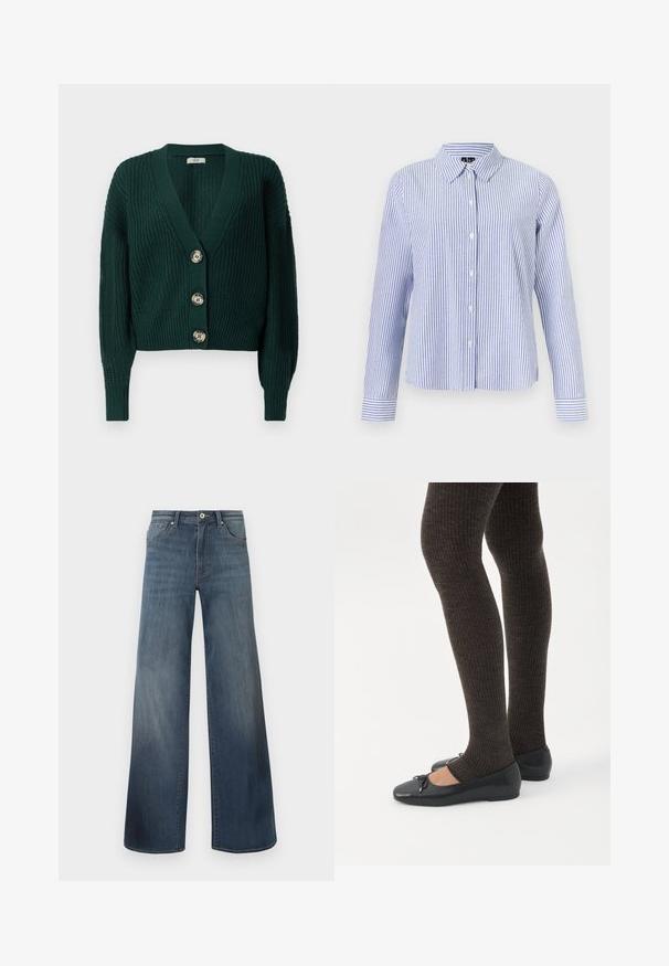 Chaqueta de punto grueso de color verde oscuro con mangas largas, escote en V profundo, puños y bajo acanalados, y tres grandes botones redondos en la parte delantera.; Camisa de manga larga con botones, con rayas verticales blancas y azul claro y cuello puntiagudo, mostrada sobre un fondo liso.; Vaqueros de pierna ancha en azul oscuro, con un acabado desgastado, cierre de botón y estilo de cinco bolsillos. Textura suave, detalles de costura mínimos.; Piernas con leggings oscuros acanalados combinados con bailarinas negras que presentan pequeños detalles de lazo sobre un fondo blanco.