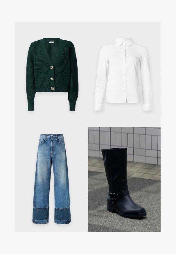 Chaqueta de punto grueso de color verde oscuro con mangas largas, escote en V profundo, puños y bajo acanalados, y tres grandes botones redondos en la parte delantera.; Camisa blanca de manga larga con botones, cuello puntiagudo, bajo recto y silueta ajustada, presentada sobre un fondo claro y liso.; Vaqueros de pierna ancha en azul claro, con un diseño bicolor que combina diferentes tonos de azul, detalles de costura y un cierre clásico de botón.; Bota negra de cuero hasta la mitad de la pantorrilla con un tacón bajo de bloque y una correa decorativa con hebilla metálica alrededor del tobillo, sobre un pavimento de baldosas.