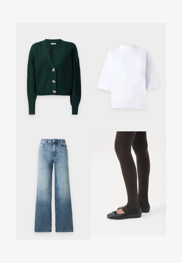 Donkergroene grofgebreide cardigan met lange mouwen, diepe V-hals, geribde manchetten en zoom, en drie grote ronde knopen aan de voorkant.; Witte katoenen top met korte mouwen, een hoge, afgeronde halslijn en een losse pasvorm. Gladde textuur, zonder zichtbare patronen of accenten.; Snijdemim jeans met wijde pijpen in een lichtblauwe wassing, voorzien van een hoge taille, vijf-pocketontwerp en subtiele vervaging op de stof. Klassieke metalen knoopsluiting.; Benen met donkere geribbelde leggings gecombineerd met zwarte ballerina's met kleine strikdetails op een witte achtergrond.