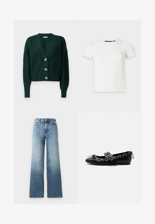 Dunkelgrüner grob gestrickter Cardigan mit langen Ärmeln, tiefem V-Ausschnitt, gerippten Bündchen und Saum sowie drei großen runden Knöpfen vorne.; Weißes kurzärmeliges, geripptes Strick-T-Shirt mit Rundhalsausschnitt, dargestellt vor einem schlichten hellgrauen Hintergrund.; weit geschnittene Denim-Jeans in hellblauem Waschung, mit hoher Taille, fünf Taschen Design und subtilen Verfärbungen auf dem Stoff. Klassischer Metallknopfverschluss.; Schwarzer flacher Ballettschuh mit doppelten Schnallenriemen, silbernen Ösen und einer kleinen Schleife nahe der abgerundeten Spitze auf weißem Hintergrund.