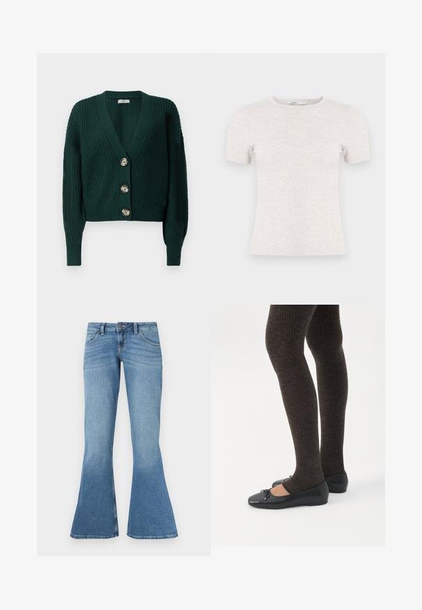 Chaqueta de punto grueso de color verde oscuro con mangas largas, escote en V profundo, puños y bajo acanalados, y tres grandes botones redondos en la parte delantera.; Camiseta de manga corta gris claro hecha de tela acanalada con cuello redondo. Diseño sencillo, textura suave, sin patrones ni detalles visibles.; Vaqueros acampanados de mezclilla azul con cintura alta, que cuentan con cinco bolsillos, costuras en contraste y un ligero degradado de color hacia el dobladillo.; Piernas con leggings oscuros acanalados combinados con bailarinas negras que presentan pequeños detalles de lazo sobre un fondo blanco.