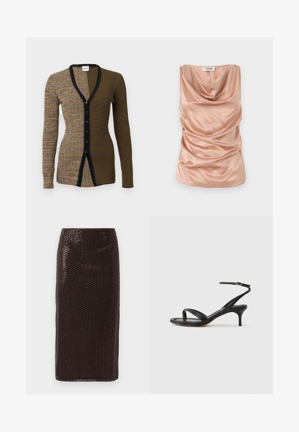 Cardigan femme à manches longues avec fermeture à boutons sur le devant, présentant deux motifs rayés verticaux contrastants en tons marron, noir et beige.; Haut sans manches à col drapé en satin doux de couleur rose pâle, avec des détails froncés sur les côtés et un ourlet droit. Comprend une fermeture éclair au dos.; Jupe crayon en sequins marron foncé avec une taille haute et un motif en diamant subtil, présentée sur un fond blanc uni.; Sandale pour femme en cuir noir avec fines lanières, une boucle d'orteil, une boucle à la cheville et un talon aiguille de hauteur moyenne sur un fond neutre.