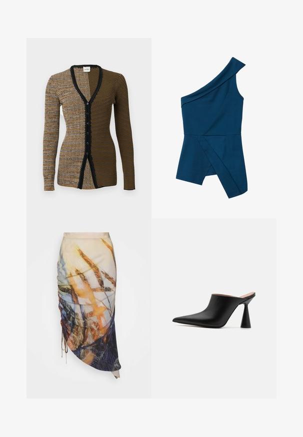 Cardigan femme à manches longues avec fermeture à boutons sur le devant, présentant deux motifs rayés verticaux contrastants en tons marron, noir et beige.; Top asymétrique en tissu bleu profond avec un décolleté drapé, un ourlet angulaire et un détail de surcouche sur le côté, créant une silhouette structurée.; Materiel DIAGONAL GATHERED SKIRT - Jupe crayon - golden hour; Mules en cuir noir avec un bout pointu et un talon conique unique. Texture lisse et design minimaliste, à dos ouvert pour un enfilage facile.